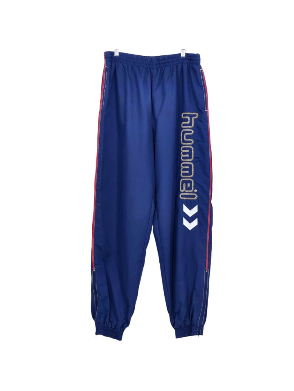 Vintage Hummel Track Pants L Blue Soccer Windbreaker Nylon Joggers Zip Leg